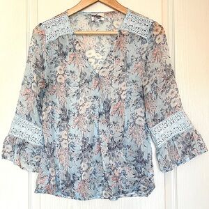 LAVA Blue Floral Sheer Blouse Lace Trim V-Neck Cottagecore Fairycore Whimsigoth